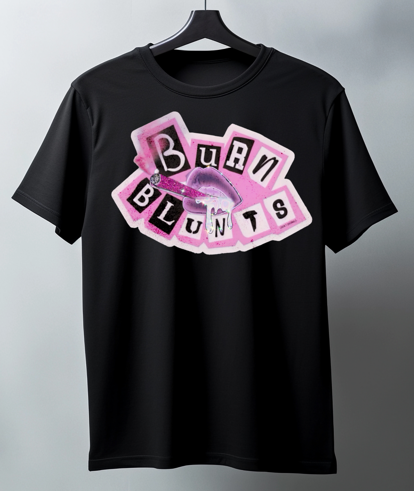 Black t-shirt with pink and white graphic 'Burn Blunts' letters