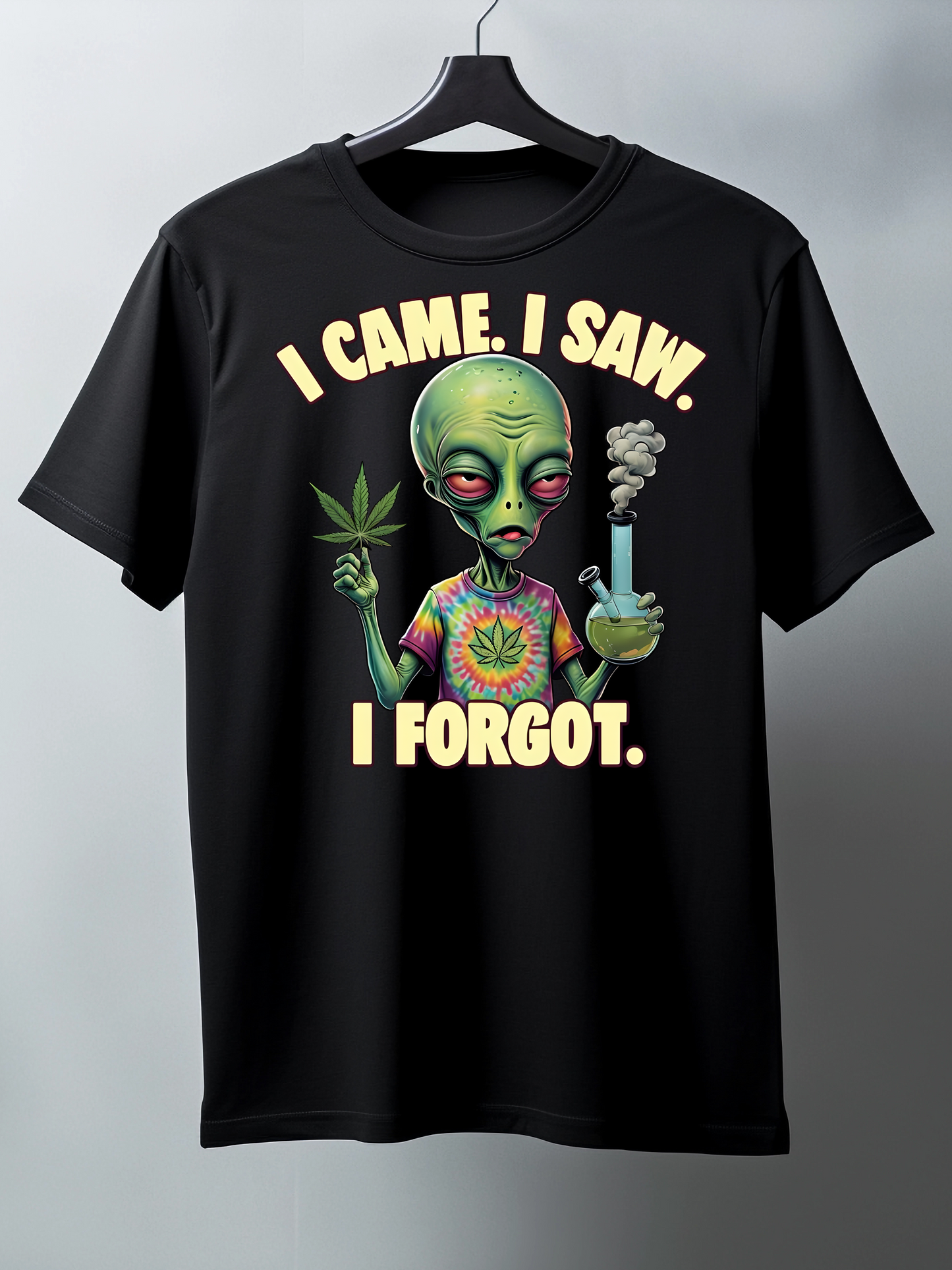 Black t-shirt with alien graphic and text 'I Came. I Saw. I Forgot.' on a hanger against a gray background