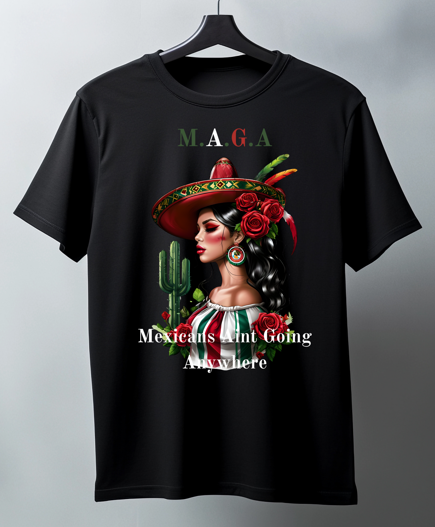 Black t-shirt with a graphic design featuring a woman in a sombrero and text on a gray background