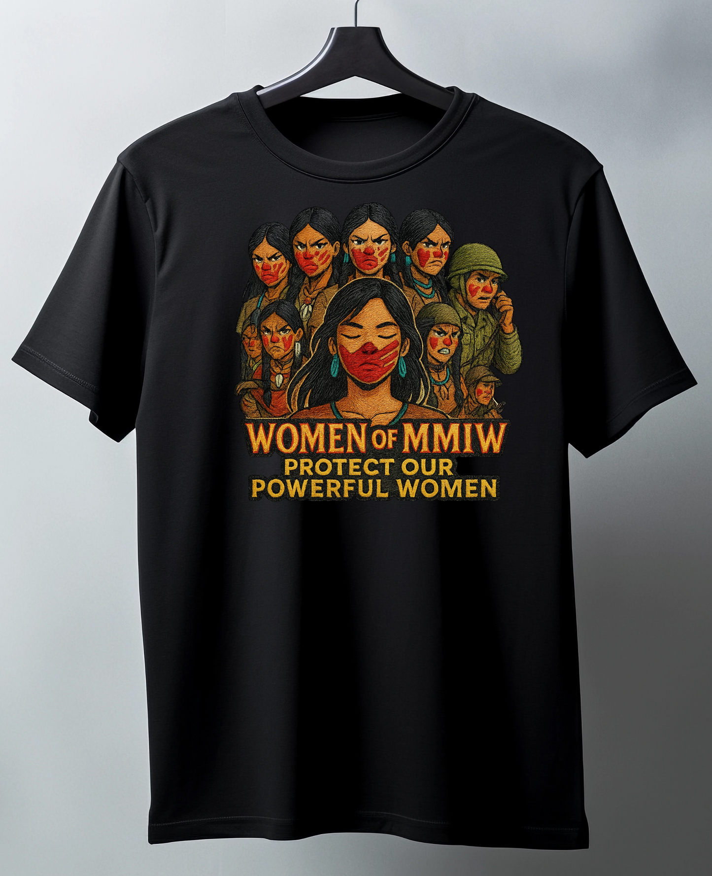 Black t-shirt with graphic design of women and text 'MMIW"
