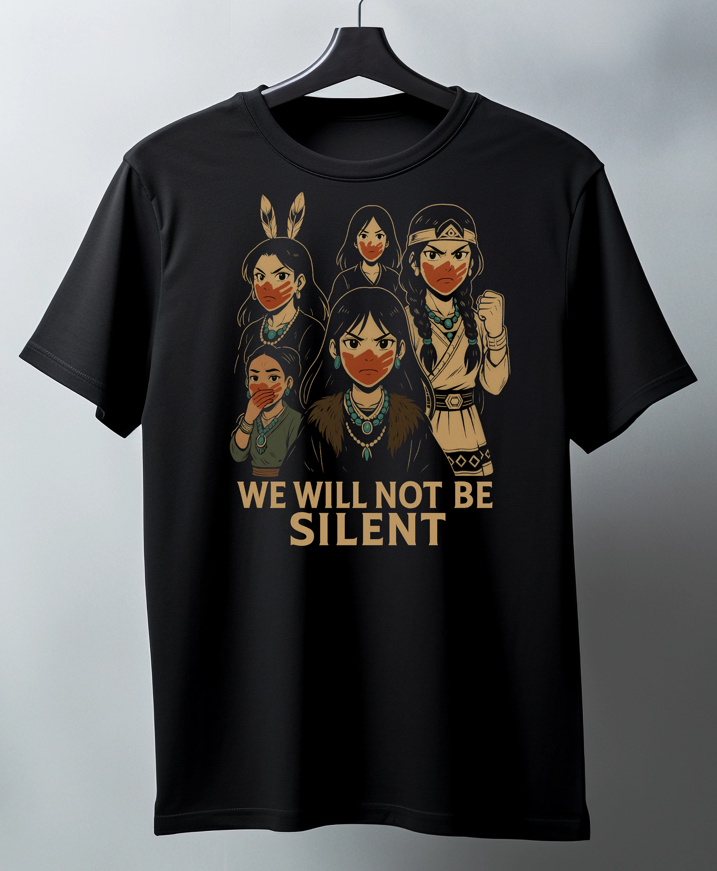 Black t-shirt with graphic design and text 'WE WILL NOT BE SILENT' on a hanger against a gray background