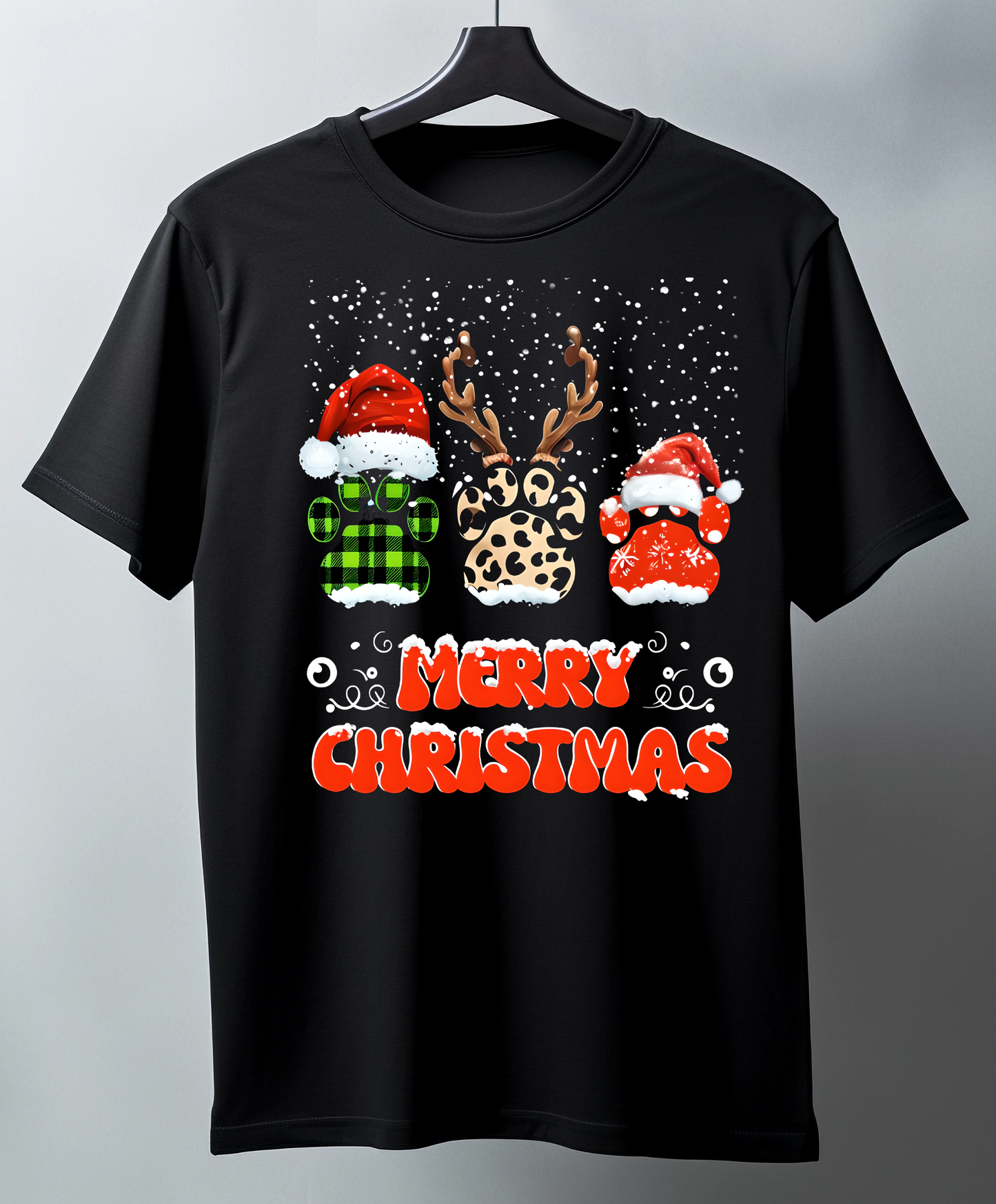 Black t-shirt with Christmas-themed design featuring reindeer antlers and Santa hats on paws