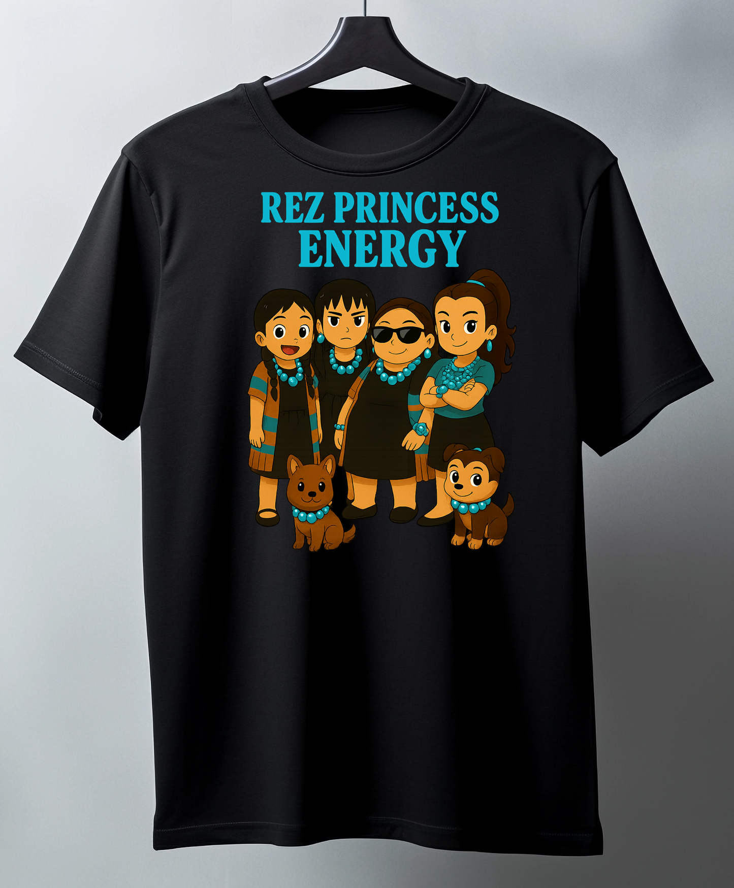 t-shirt with cartoon characters and 'Rez Princess Energy' text