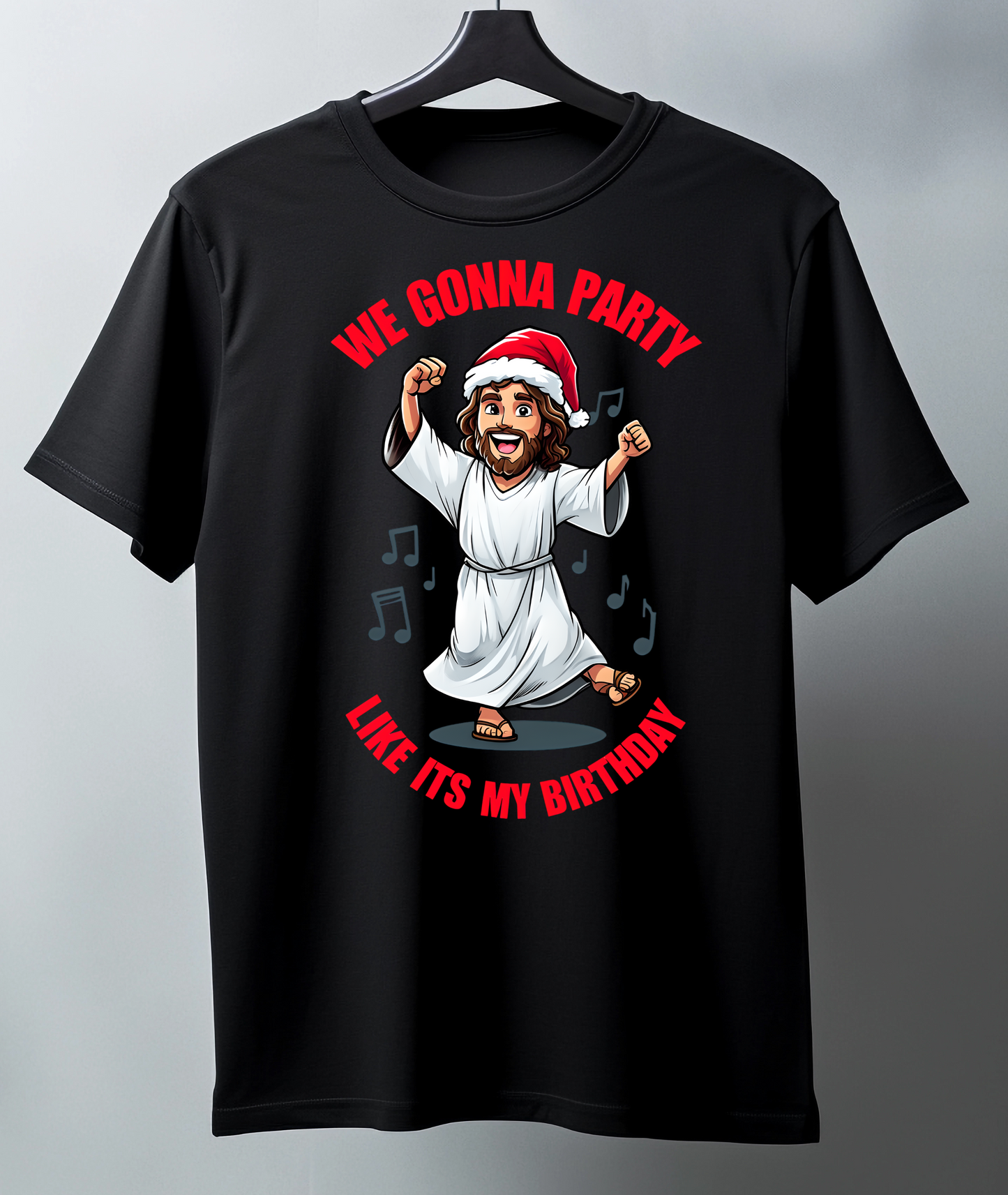 Black t-shirt with a graphic design of a Jesus in a Santa hat and text on a gray background