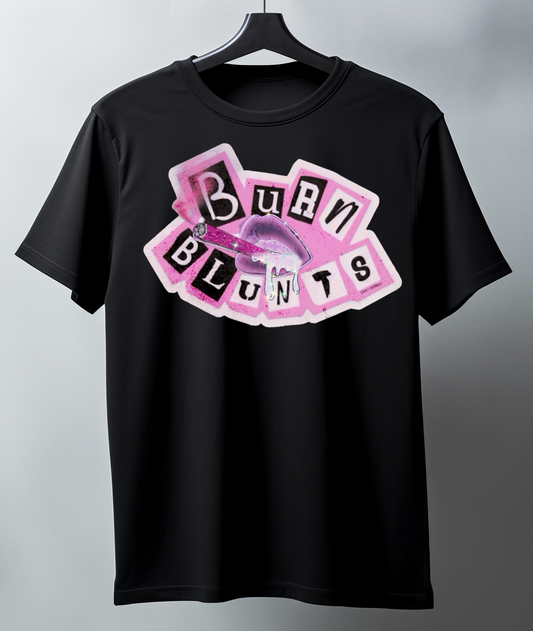 Black t-shirt with pink and white graphic 'Burn Blunts' letters