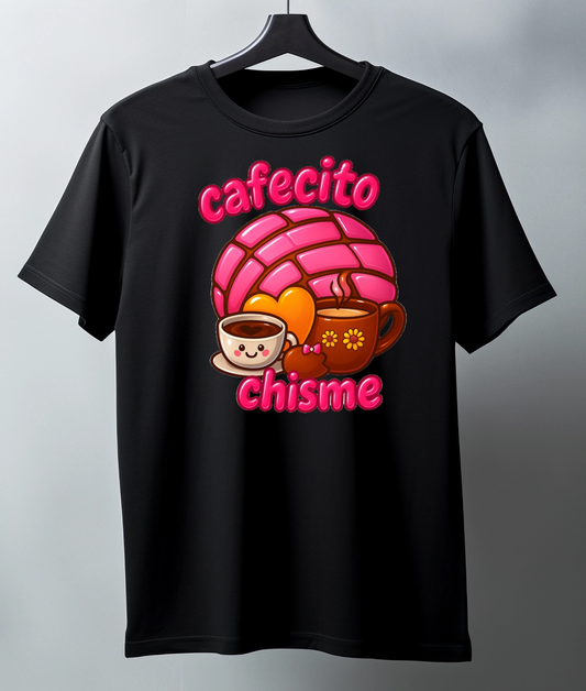 t-shirt with colorful graphic design saying 'cafecito chime' 