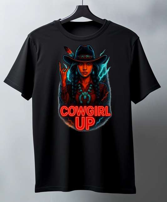t-shirt with a graphic design of a cowgirl and 'Cowgirl Up' text 