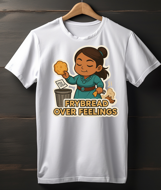 White t-shirt with a cartoon character holding frybread and text 'Frybread Over Feelings' on a wooden background.
