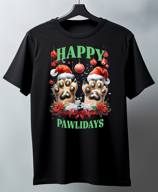 T-shirt with 'Happy Pawlidays' design featuring paw prints and Santa hats 