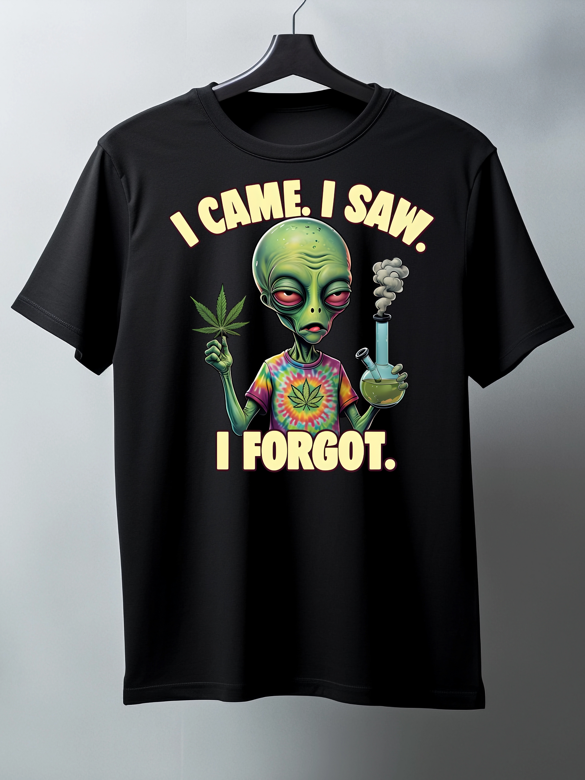 Black t-shirt with alien graphic and text 'I Came. I Saw. I Forgot.' on a hanger against a gray background