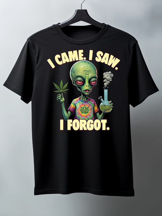 Black t-shirt with alien graphic and text 'I Came. I Saw. I Forgot.' on a hanger against a gray background