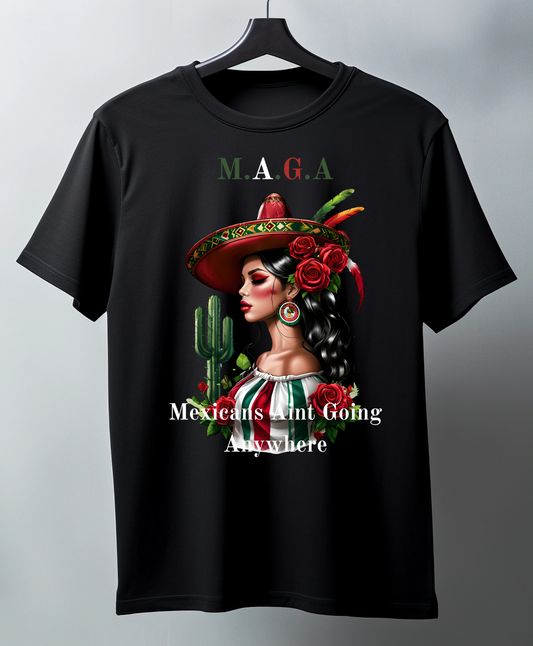 Black t-shirt with a graphic design featuring a woman in a sombrero and text on a gray background