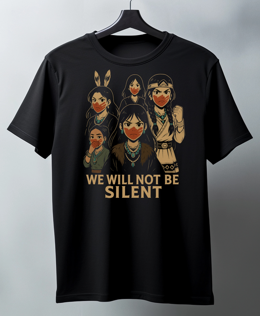 Black t-shirt with graphic design and text 'WE WILL NOT BE SILENT' on a hanger against a gray background