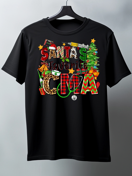 Multicolored Christmas graphic that reads "Santa's Favorite CMA" in different patterns and colors.