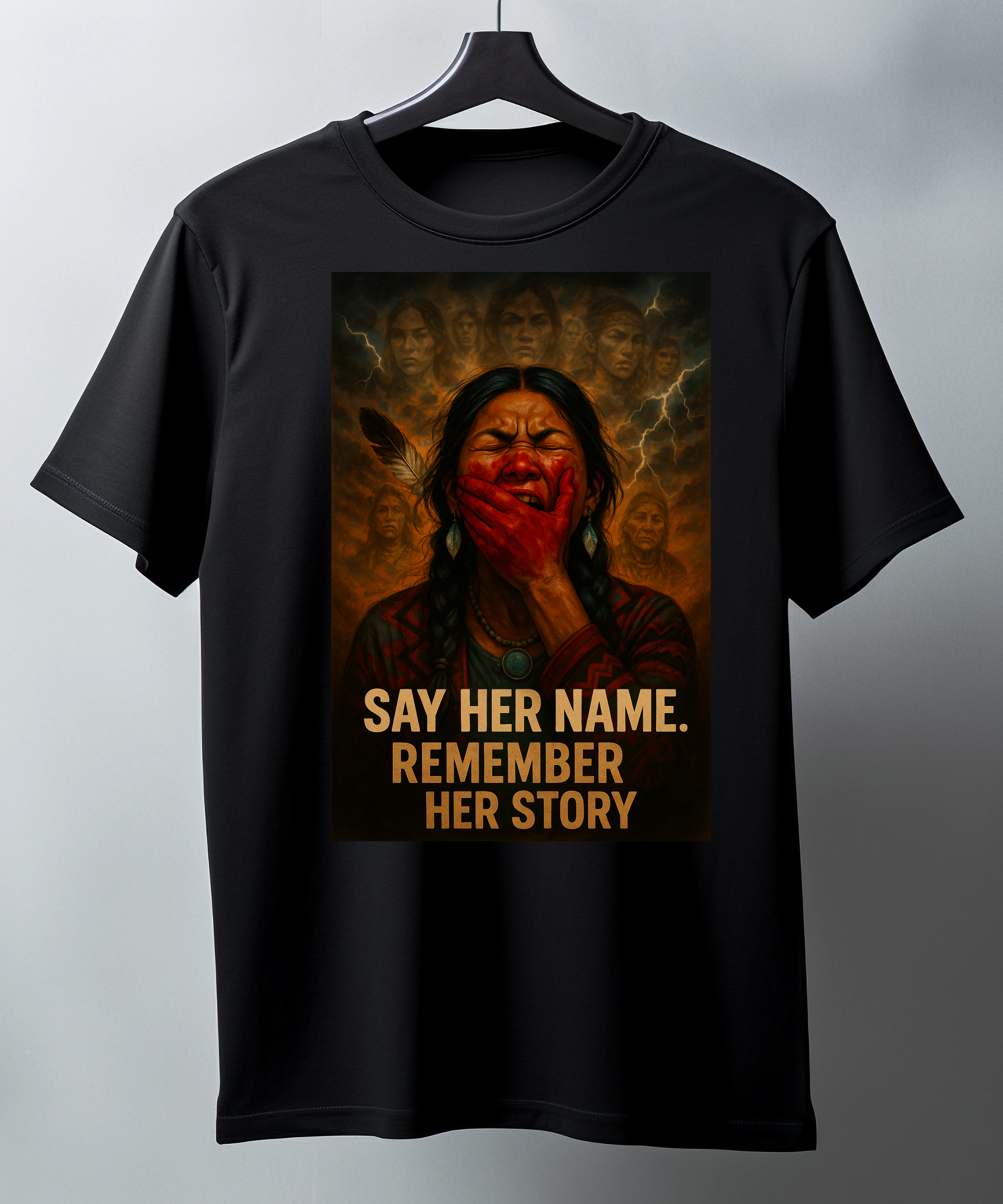 Black t-shirt with a native woman and text 'say her name remember her story' on it