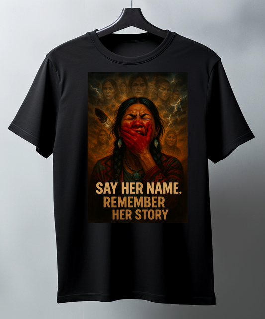 Black t-shirt with a native woman and text 'say her name remember her story' on it