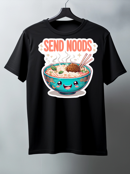 Black t-shirt with a bowl of ramen graphic and 'SEND NOODS' text on a gray background