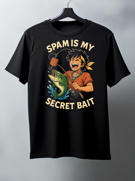 Black t-shirt with graphic design and text 'SPAM IS MY SECRET BAIT' on a hanger against a gray background