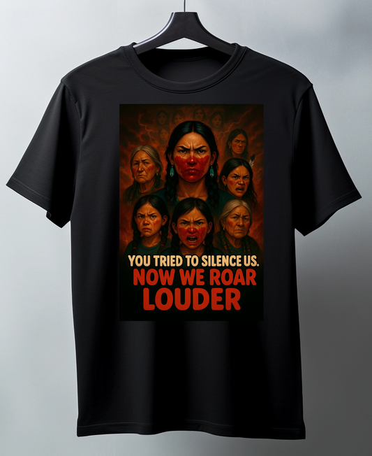 Black t-shirt with graphic design and text on a hanger against a gray background