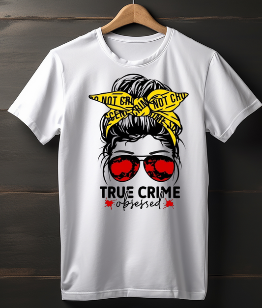 White t-shirt with graphic design of a woman with sunglasses and text on a wooden hanger.