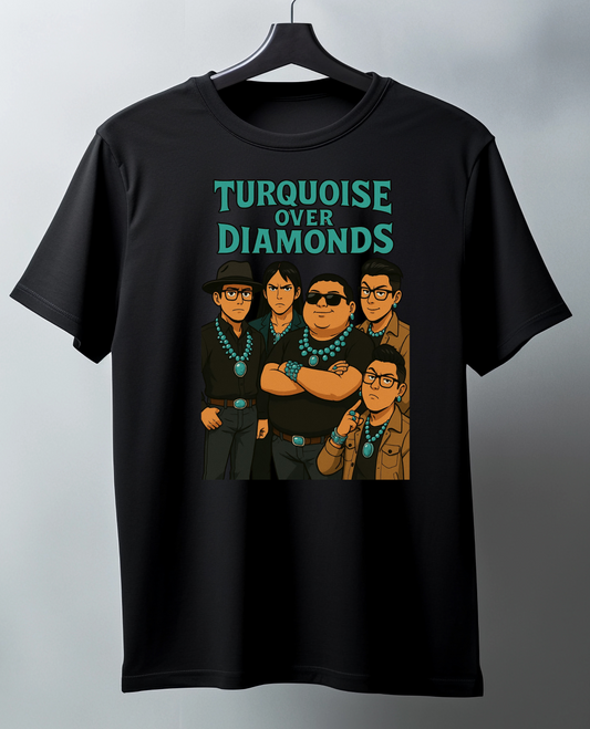 Black t-shirt with graphic design and text 'Turquoise Over Diamonds'