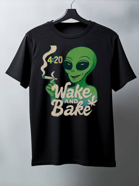 Black t-shirt with a green alien smoking a joint and 'Wake and Bake' text on a gray background