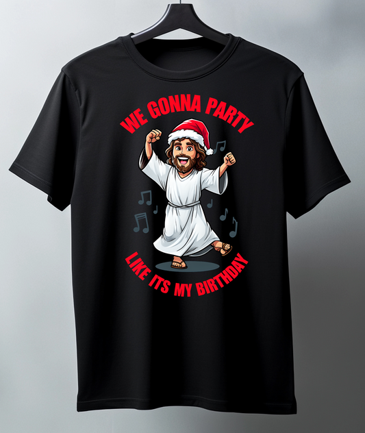 Black t-shirt with a graphic design of a Jesus in a Santa hat and text on a gray background